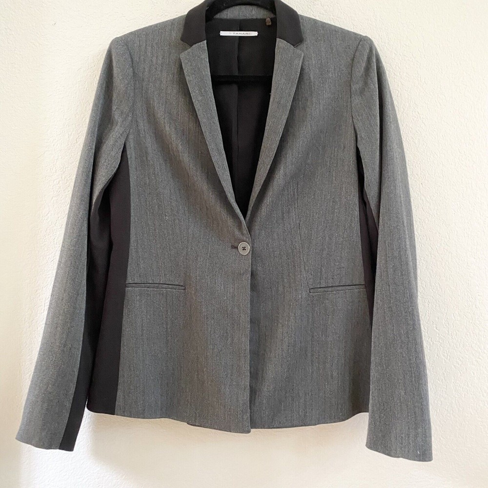 Elie Tahari Black Two Fabric Lined One Button Blazer Shoulder Pads Pockets SZ 6